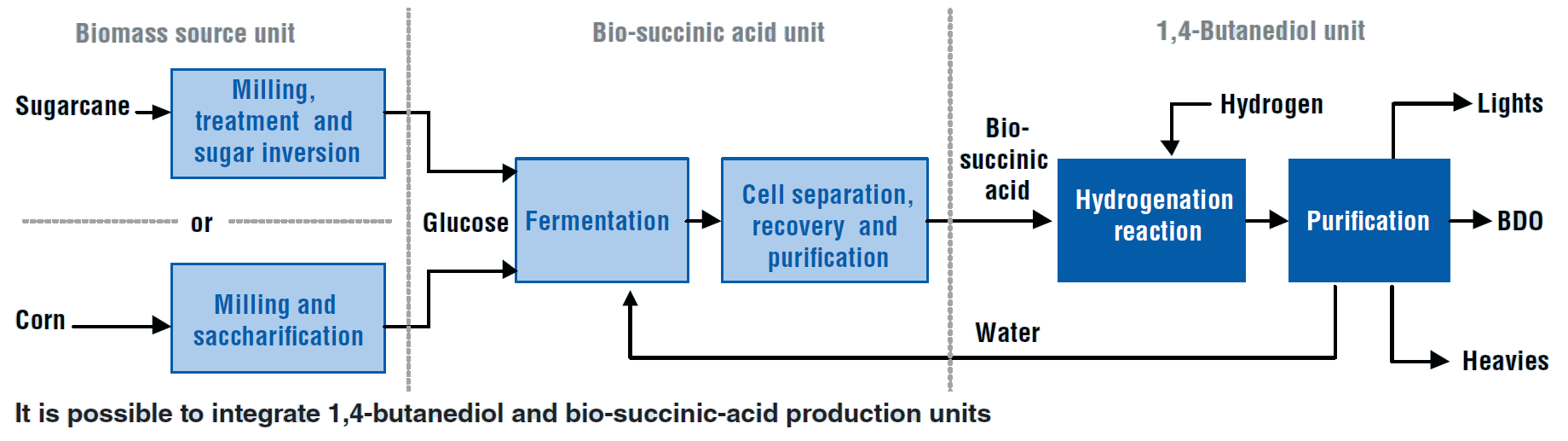 Possible integration between butanediol and bio-succinic acid production units Integrated Butanediol and Biosuccinic Acid Production Units